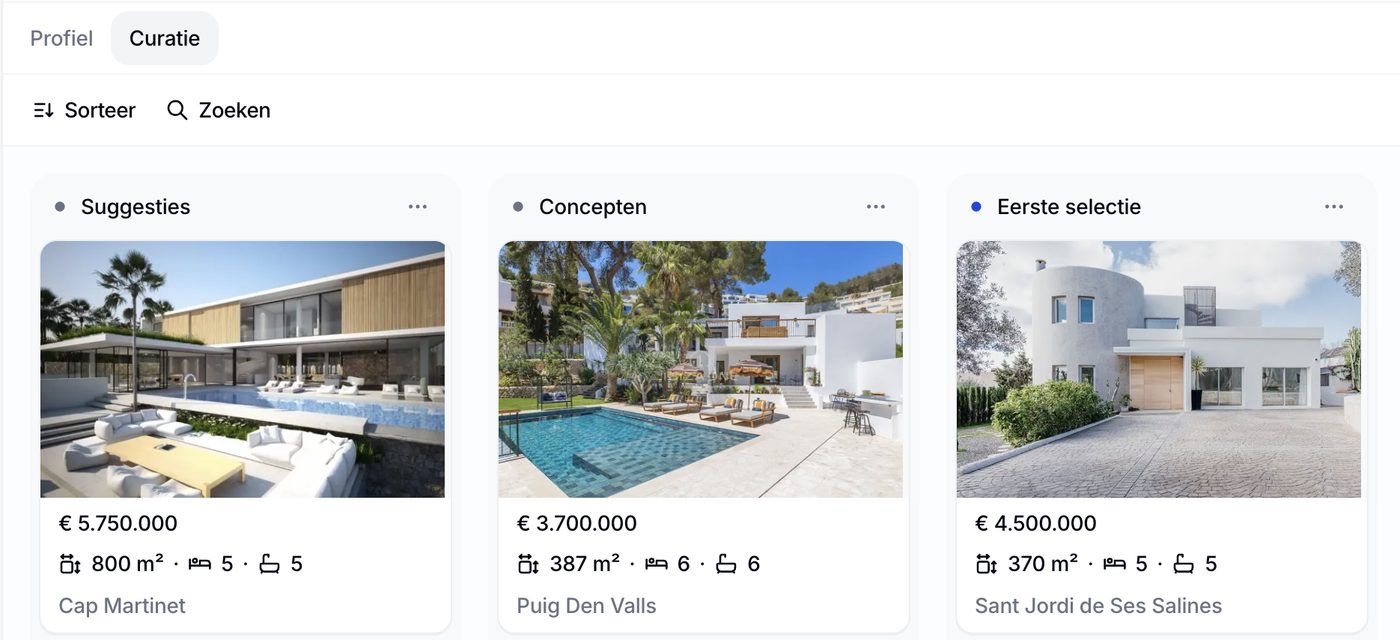De agentweergave: kolommen Suggesties, Concepten en Eerste selectie met woningkaarten die daartussen verschuiven
