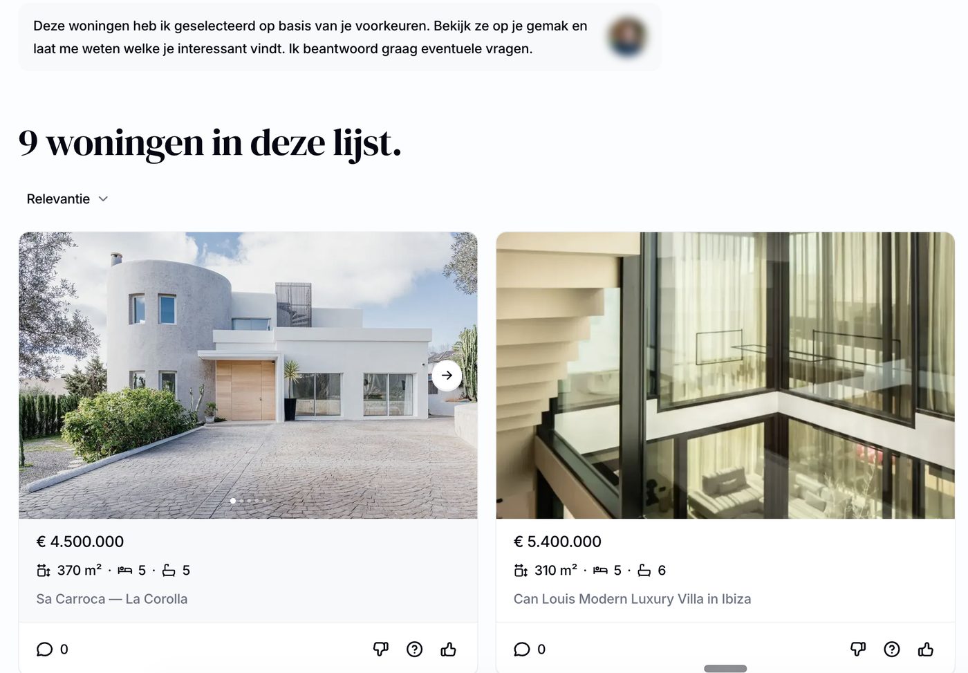 De kopersweergave: een bericht van de contactpersoon boven een selectie woningen, met per woning duim omhoog, duim omlaag of een vraag